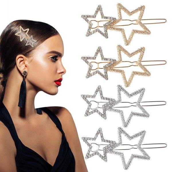 4PCS Star Hair Clips Pins, Star Hairpin Hair Barrettes Elegant Metal Hair Clips Rhinestone Hairpin, Silver Golden Hollow Geometric Hair Pins for Women Girls Lady Thick Hair Styling Accessories