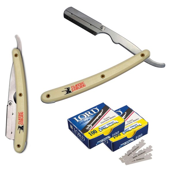 Classic Samurai Stainless Steel Professional Barber Straight Edge Razor with 200 Count Lord Single Edge Razor Blades (Cream)