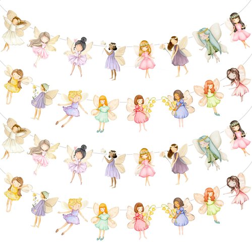 Affrolling 4 Pcs Fairy Party Decorations Fairy Party Banner Flower Fairy Hanging Banners Fairy First Birthday Party Favors Fairy Cutout Decorations for Fairy Tale Theme