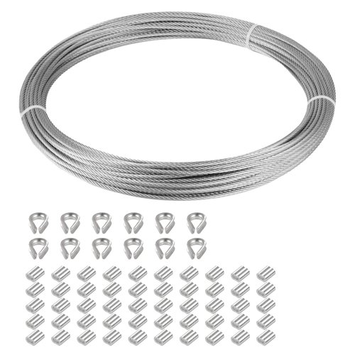Eowpower 1/16 inch Stainless Steel 316 Aircraft Cable Wire Rope Marine Grade, 100FT Length 7x7 Strand Core with 50Pcs Aluminum Sleeves and 12Pcs Thimbles