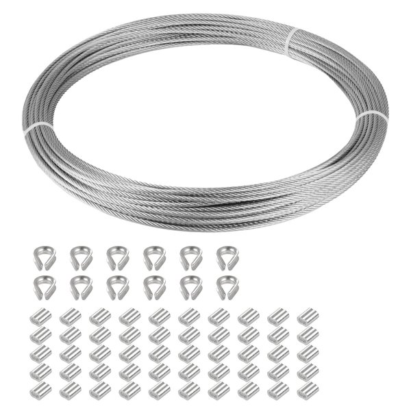 Eowpower 1/16 inch Stainless Steel 316 Aircraft Cable Wire Rope Marine Grade, 100FT Length 7x7 Strand Core with 50Pcs Aluminum Sleeves and 12Pcs Thimbles