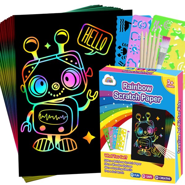 ZMLM Scratch Art for Kids Toy: 60 Rainbow Scratch Paper Art Supplies Kits for Boy Girl Birthday Gift Arts Crafts Classroom Supplies for Kids Party Activities Games, Christmas Stocking Stuffer Gift
