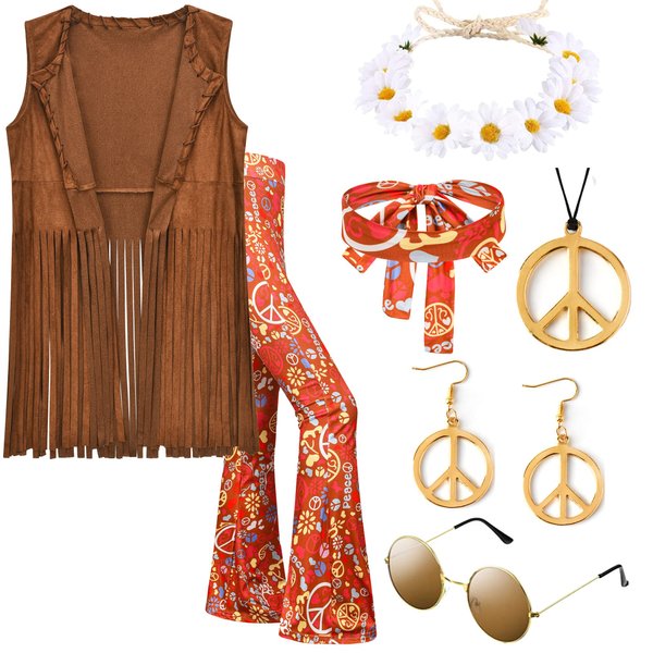 ZeroShop Hippie Costume Women,70s Outfits Hippy Clothes Accessories,60s Decades Pants,Glasses,Flower Crown Headbands,Fringe Vest,Earrings,Necklaces Accessories for Halloween,2-L