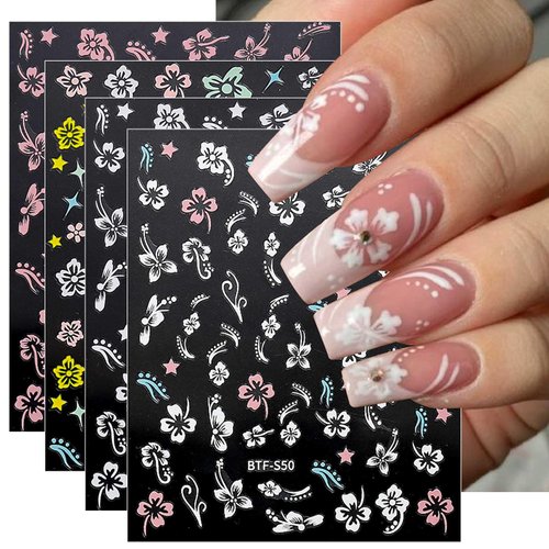 JMEOWIO 9 Sheets Spring Flower Nail Art Stickers Decals Self-Adhesive Pegatinas Uñas Colorful Summer Floral White Pink Nail Supplies Nail Art Design Decoration Accessories