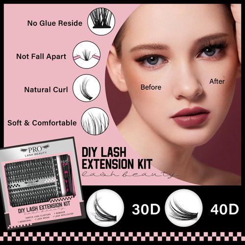 Lash Extension Kit 300 Pcs Lash Clusters Eyelash Extension Kit with Lash Bond and Seal Lash Remover Eyelash Brush Tweezer DIY at Home (30D+40D, D-9-18mix Kit)
