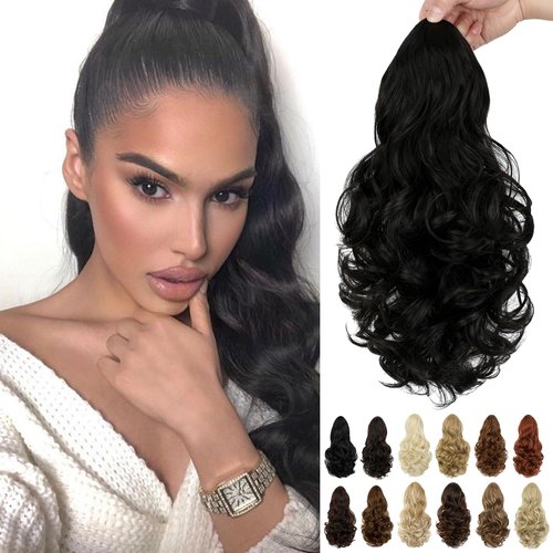 Cephermer Ponytail Extension, 15 Inch Drawstring Ponytail, Natural Black Wavy Clip in Pony Tails Hair Extensions Natural Looking Synthetic Hairpiece for Women Daily Use party