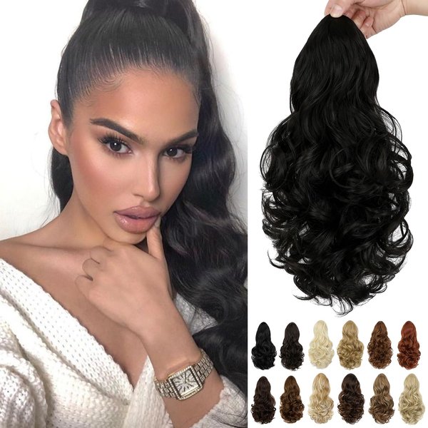 Cephermer Ponytail Extension, 15 Inch Drawstring Ponytail, Natural Black Wavy Clip in Pony Tails Hair Extensions Natural Looking Synthetic Hairpiece for Women Daily Use party