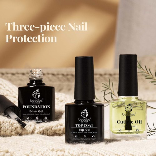 Beetles 3pcs 7.5ml Gel Top Coat Base Coat & Cuticle Oil Set, No Wipe Top Gel Glossy Shine Long Lasting Gift for Her, Cuticle Protectors Kit Oil Care for Dry, Damaged Cuticles, Stronger Nails