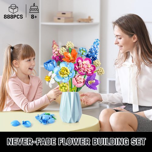PLAXSOON Flower Bouquet Building Set, 888 PCS Botanical Collection Building Block Toy, Rose Plant Home Decor, Flower Building Kit Christmas Valentine's Day Birthday Gift for Adults Women Boys Girls 8+