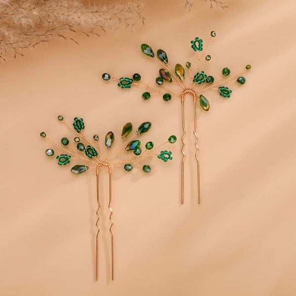 Teyglen 2pcs Crystal Bride Wedding Hair Pins Green Rhinestones Beads Hair Pins Set Bridal Hair Accessories Gold Silver Purple Blue Rhinestones Hair Pieces for Women Girls (Green)