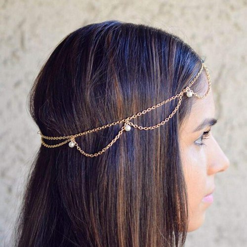 Ursumy Indian Hair Chain Festival Hair Jewelry Pearl Headchain Tassel Headpiece Wave Head Chain for Women and Girls (Silver)
