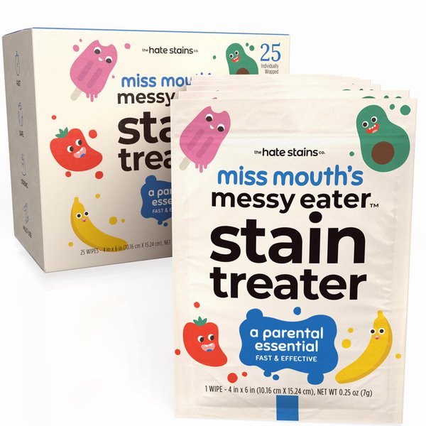 Miss Mouth's Messy Eater Stain Treater Wipes - 25 Pack Stain Remover - Newborn & Baby Essentials - No Dry Cleaning Food, Grease, Coffee Off Laundry, Underwear, Fabric