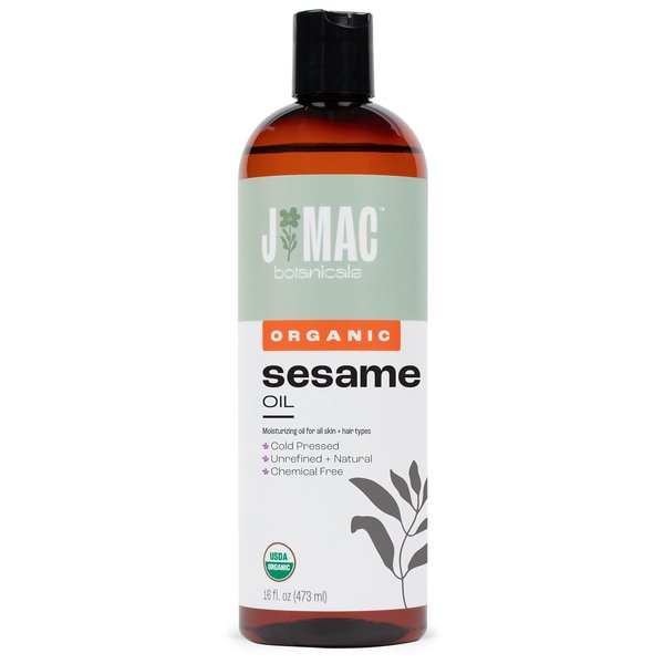 J Mac Botanicals, Organic Sesame Oil (16 oz plastic bottle), Cold-pressed, organic sesame oil for skin, ayurveda body oil for massage, Organic & Unrefined Ayurvedic Oil for Skin, Hair, Oil Pulling