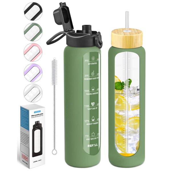 Nefeeko 32 oz Glass Water Bottles with Straw, Time Marker, Motivational 1 Liter BPA FREE Leakproof Reusable Glass Water Bottle with Silicone Sleeve, Bamboo, Spout Lid