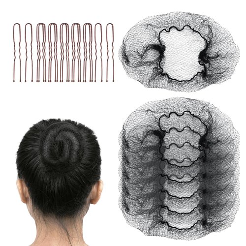 FVOLREM Hair Net, 20PCS 20 Inches Black Hair Nets and 40PCS 2.4 Inches Brown U Hair Pins Set, Hair Nets for Food Service Workers, Hair Bun Making Ballet Dancer and Hair Pins for Women, Men, Girls