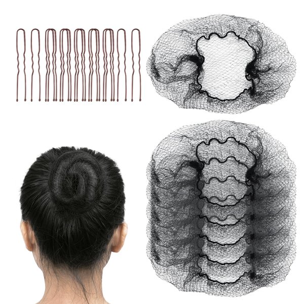 FVOLREM Hair Net, 20PCS 20 Inches Black Hair Nets and 40PCS 2.4 Inches Brown U Hair Pins Set, Hair Nets for Food Service Workers, Hair Bun Making Ballet Dancer and Hair Pins for Women, Men, Girls