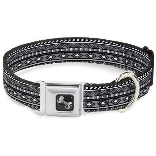 Dog Collar Seatbelt Buckle Geometric5 Grays Black White 9 to 15 Inches 1.0 Inch Wide