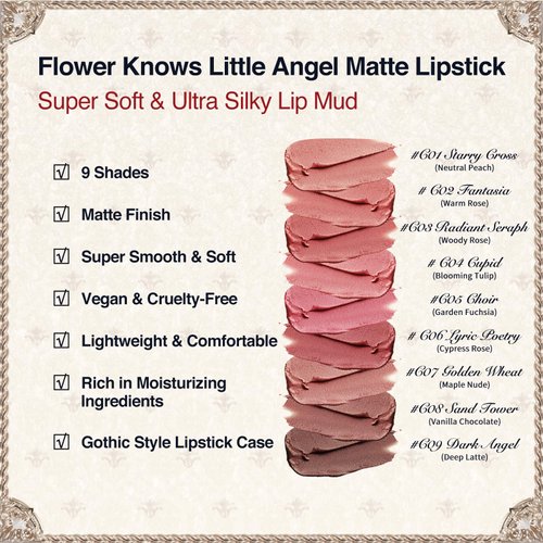 Flower Knows Little Angel Lip Mud Matte Lipstick,Super Soft & Ultra Silky Lip Stick,Long Lasting & Moisturizing Vegan Lip Makeup for Girls&Women,Velvety Finish,3.5g,1Count(C06 Lyric Poetry)