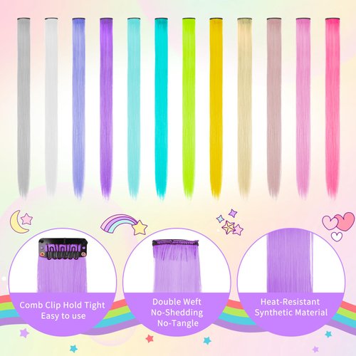 Kyerivs Colored Hair Extensions Temporary Hair Color Gift for Girls Age 5 6 7 8 9 10-14, 24PCS 20Inch Clip In Rainbow Straight Hairpieces Colorful Hair Accessories Easter Basket Stuffer for Kid Teen