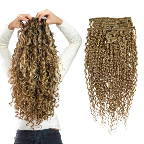 Hyssiet 16 Inch Curly Human Hair Clip in Extensions 7pcs with 16 Clips Healthy Wavy Clip Hair Extensions Real Human Hair 120g Light Brown Highlighted Bleach Blonde Soft Thick Curly Hair Extensions