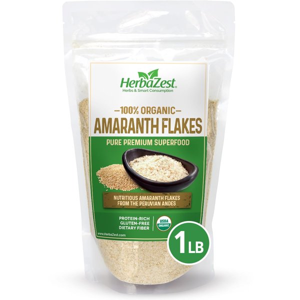 HerbaZest Amaranth Flakes Organic - 1 LB - USDA Certified, Vegan & Gluten Free Superfood - Convenient & Healthy Addition to Yogurt, Cereal, Smoothies, Baked & Non-Baked Goods