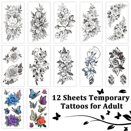 Cerlaza Temporary Tattoos for Women, Fake Flower Tattoos Stickers for Adults, Semi Permanent Half Sleeve Tattoo Body Leg Makeup Waterproof, Flower 3D Butterflies Tatuajes Temporales-12 Sheets