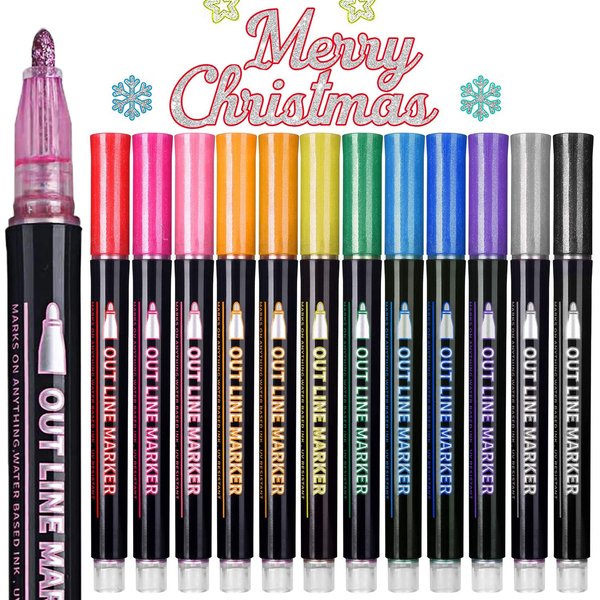Double Line Outline Pens,12 Colors Self-outline Shimmer Markers Set,Double Line Pen for Drawing, Greeting Card,Birthday Greeting, DIY Art Crafts, Scrap Booking