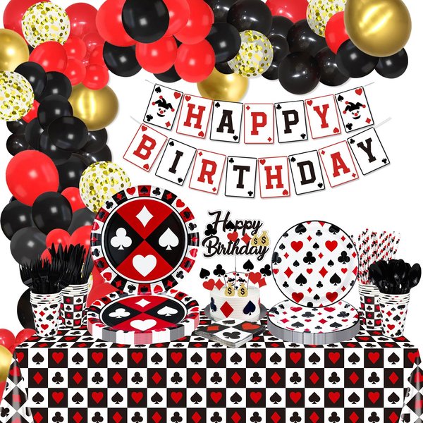 229Pcs Casino Birthday Decorations - Including Poker Plates, Napkins, Cups, Balloons, Birthday Banner, Cake Topper and Tablecloth for Poker Casino Themed Party Supplies, Serves 20 Guests (Casino-L)
