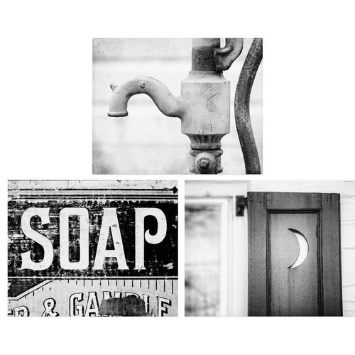 LISA RUSSO FINE ART - Black and White Bathroom Wall Art Set of 3 5x7” Unframed Prints - Rustic Farmhouse Soap, Outhouse Moon, Water Pump for Bath or Powder Room Wall Decor