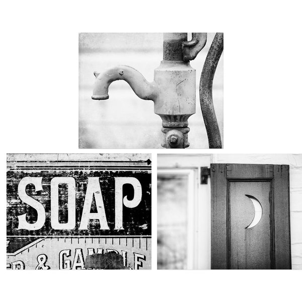LISA RUSSO FINE ART - Black and White Bathroom Wall Art Set of 3 5x7” Unframed Prints - Rustic Farmhouse Soap, Outhouse Moon, Water Pump for Bath or Powder Room Wall Decor