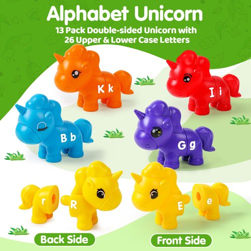 ABC Letters Matching Unicorn Toy Double-Sided Uppercase & Lowercase Alphabet Learning Toys Montessori Sorting Game Preschool Educational Game Set Fine Motor Skill Gifts For Toddlers 3 4 5 Years Old