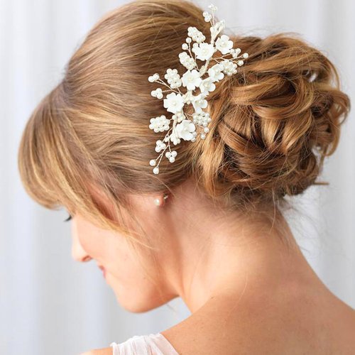 PRETTYLIFE White Flower Hair Piece Bridal Headpieces Pearl Floral Hair Comb Accessories for Wedding Women Girls (Silver Vine)