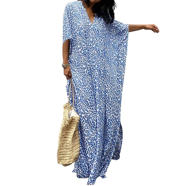 Bsubseach Leopard Print Beach Kaftan Dress for Women Caftan House Dress Swimsuit Cover Ups for Swimwear Blue