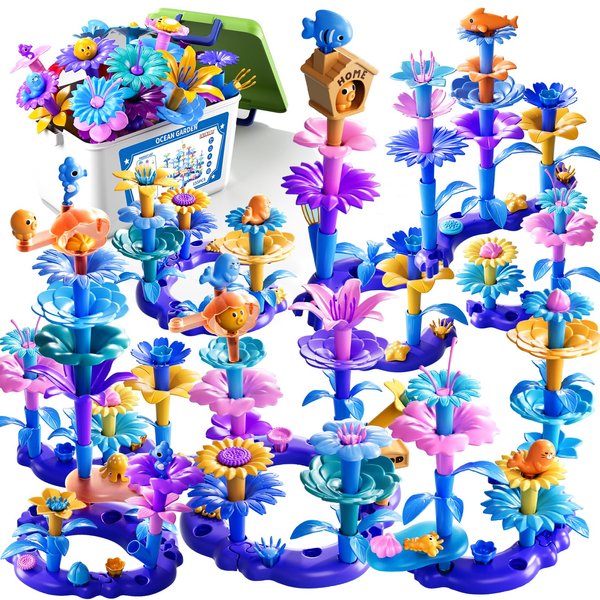 LILYBUDS Toddler Girls Toys for 3 4 5 6 7 Years Old, 155pcs Flower Garden Building Toy Set for Toddler Girl with Storage Box, Building STEM Toy and Preschool Garden Play Set for Toddlers Girls