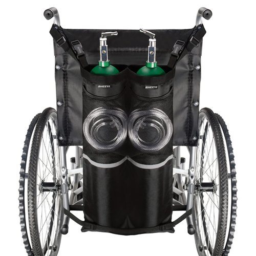ZHEEYI Dual Oxygen Tank Holder for Wheelchiars, Oxygen Cylinder Bag with Adjustable Zippers and Mesh Storage Pockets Fits Most Oxygen cylinders, Black