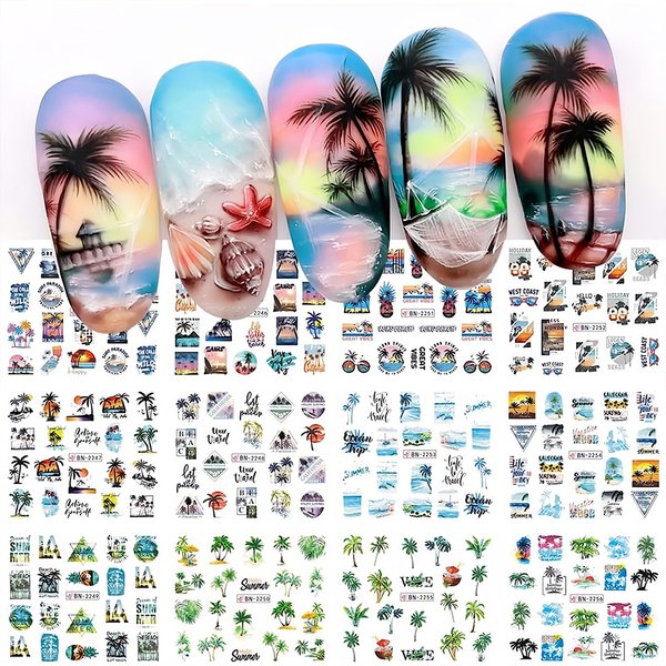 12 Sheets Beach Nail Art Stickers Summer Nail Decals Water Transfer Green Palm Nail Supplies Sunshine Beach Sea Wave Design Cool Summer Day Nail Decoration for Women Girls