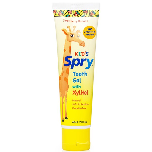 Spry Xylitol Baby Toothpaste, Natural Toddler Toothpaste, Fluoride Free Toothpaste for Kids, Xylitol Toothpaste for Kids Age 3 Months and Up, Tooth Gel Strawberry Banana 2 Fl Oz (Pack of 1)