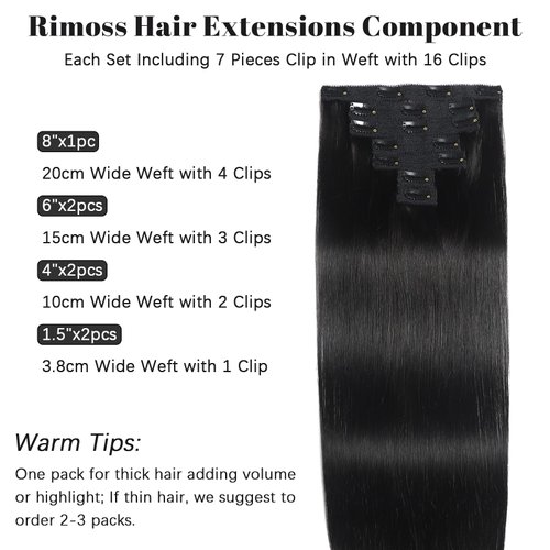 Rimoss Clip in Hair Extensions Real Human Hair, Hair Extensions Real Human Hair Clip ins Natural Black 7pcs Straight, Premium Soft Remy Human Hair Clip in Extensions for Women (#1B 16 Inch)
