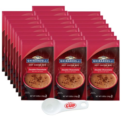 Ghirardelli Double Chocolate Hot Cocoa Mix, 0.85 oz Packets (Pack of 25) with By The Cup Cocoa Scoop