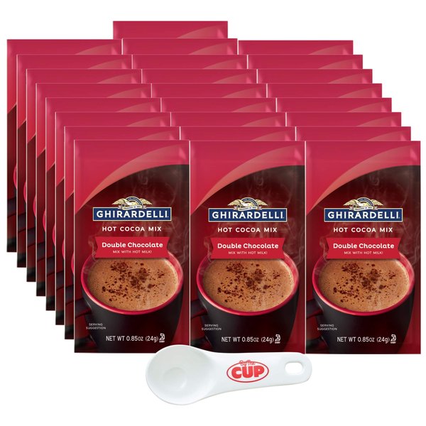 Ghirardelli Double Chocolate Hot Cocoa Mix, 0.85 oz Packets (Pack of 25) with By The Cup Cocoa Scoop