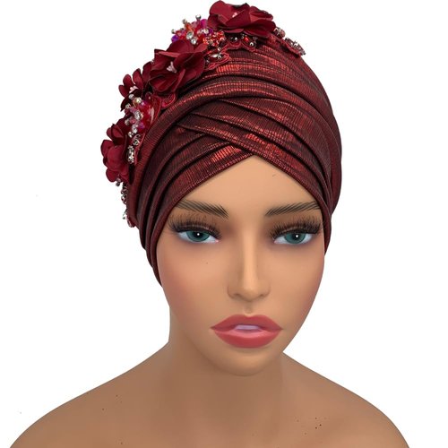 Gold Color Turban Cap for Women Diamonds Flower African Female Head Wraps Bonnet Nigeria Autogele Headtie (US, Alpha (Alpha), One Size, M, Wine red)