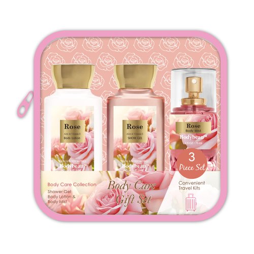 Bodybeau Bath and Body Gift Set for Women & Girls, Rose 3PCS Set for - Shower Gel, Body Lotion, Body Mist, Personal Portable Body Care Travel Set, Mothers Day Gifts
