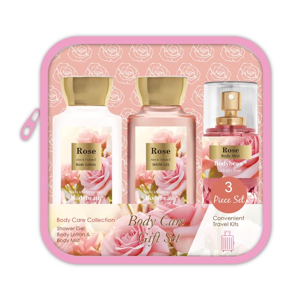 Bodybeau Bath and Body Gift Set for Women & Girls, Rose 3PCS Set for - Shower Gel, Body Lotion, Body Mist, Personal Portable Body Care Travel Set, Mothers Day Gifts