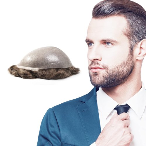 Superhairpieces NM101B Men's Toupee, Indian Remy Hair, 0.2mm Thin PU Skin 7" x 9" Base Mens Wigs, 100%-110% Med-High Density Long-Lasting Mens Hairpiece (Natural Black + 5% Synthetic Grey Hair)