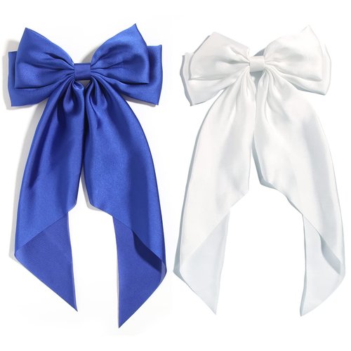 Furling Pompoms Hair Bows for Girls, 2pcs Big Hair Bow with long Tail French Barrette, Royal Blue Hair Bow White Bow, Hair Ribbon Hair Accessories Cute Gifts for Women Girls