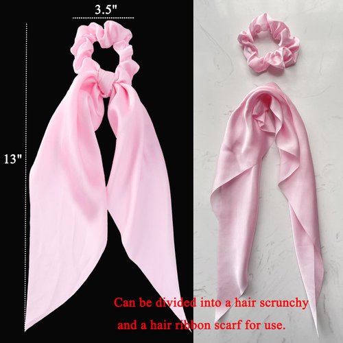 Anikoocory 2pcs Pink Hair Scarf Scrunchies Silky Hair Ribbon Elastic Knotted Bow Hair Ties Soft Satin Ponytail Holder with Long Tail for Girls and Women