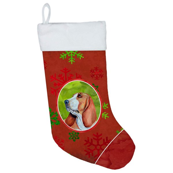 Caroline's Treasures LH9332-CS Basset Hound Red and Green Snowflakes Holiday Christmas Christmas Stocking Fireplace Hanging Stockings Christmas Season Party Decor Family Holiday Decorations
