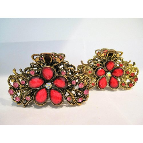 Generic Jeweled antique style bronze gold metal hair claw clips with crystals (Primary color: Red), 1 Count (Pack of 1)