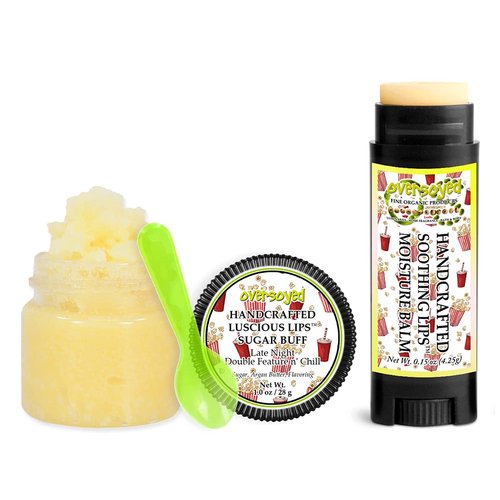 Late Night Double Feature n' Chill Soothing & Luscious Lips by OverSoyed Exfoliator & Chapped Lip Repair Lip Care Combo | Artisan Handcrafted to Order Sweet Buttery Salty Popcorn Flavored Exfoliating Sugar Lip Scrub & Lip Moisturizer Balm Gift Set