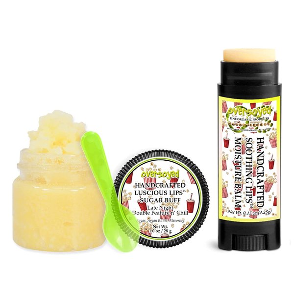Late Night Double Feature n' Chill Soothing & Luscious Lips by OverSoyed Exfoliator & Chapped Lip Repair Lip Care Combo | Artisan Handcrafted to Order Sweet Buttery Salty Popcorn Flavored Exfoliating Sugar Lip Scrub & Lip Moisturizer Balm Gift Set